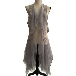 Origami Boho Sheer Lace & Tulle Open Front Duster Vest – Size Small/Medium